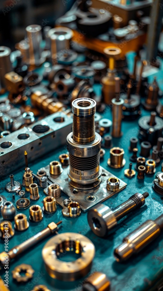 Close-up of metal parts on a blue surface. Close-up of metal parts on a blue surface.