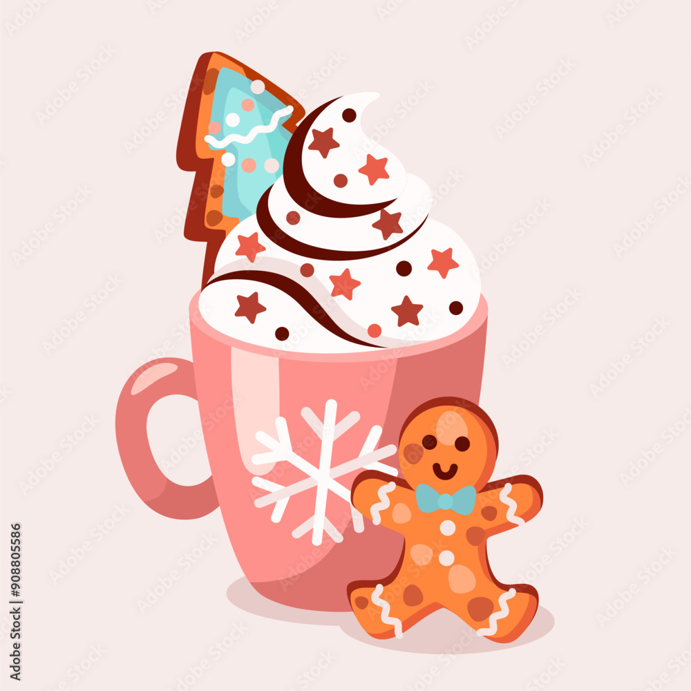 Cocoa with cream and gingerbread Christmas vector illustration. Flat design Cocoa with cream and gingerbread Christmas vector illustration. Flat design
