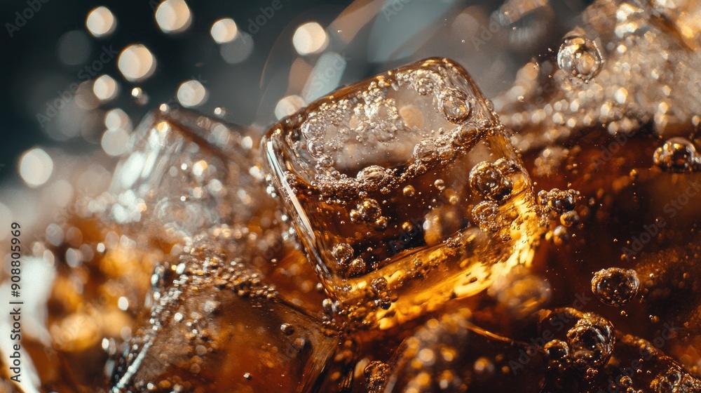 Ice cubes in cola, bubbles fizzing and floating to the top, macro shot Ice cubes in cola, bubbles fizzing and floating to the top, macro shot