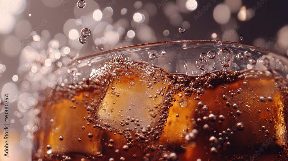 Macro shot of fizzy cola with ice cubes, bubbles floating to the surface Macro shot of fizzy cola with ice cubes, bubbles floating to the surface