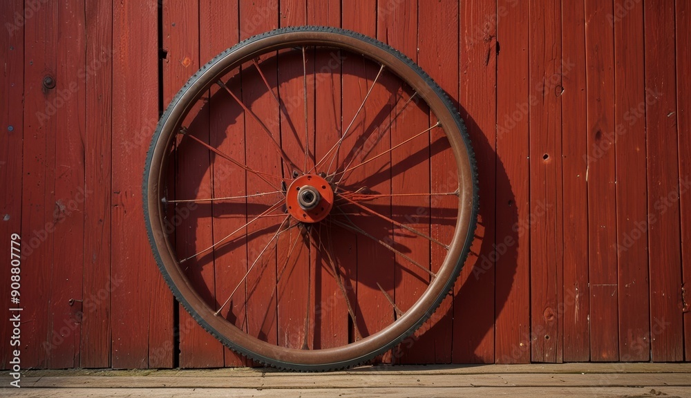 Rustic Bicycle Wheel Against Red Wall Rustic Bicycle Wheel Against Red Wall