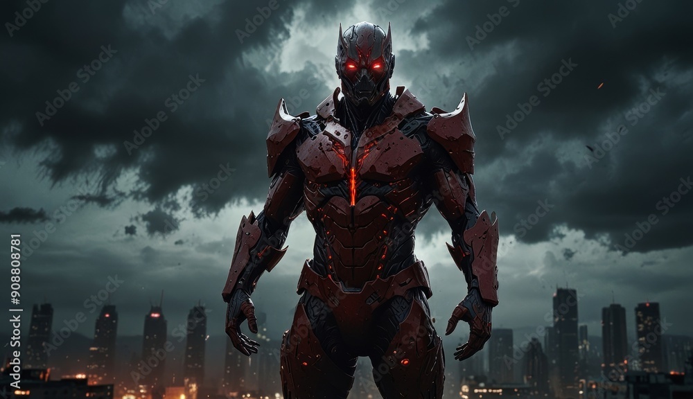 Naklejka premium Futuristic Cybernetic Warrior in Cityscape