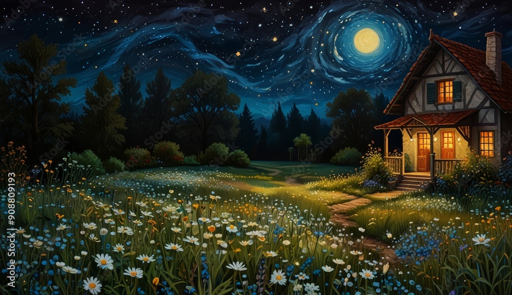 Obraz premium Charming Nighttime Cottage Scene