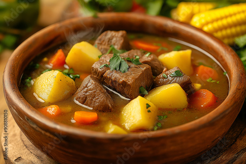 Bowl of Olla de Carne, a traditional Costa Rican beef soup featuring tender chunks of beef, potatoes, carrots, yucca, plantains, and corn on the cob, flavored with aromatic herbs and spices photo