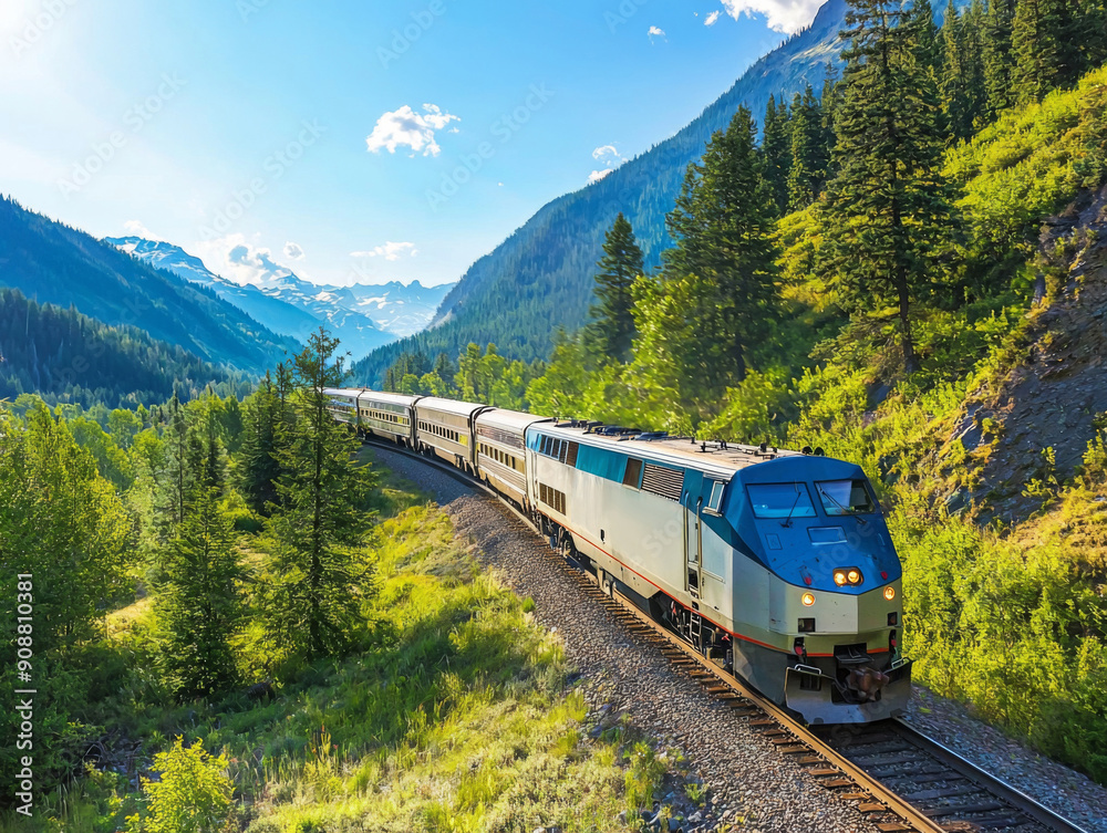 A train is traveling down a track through a forest