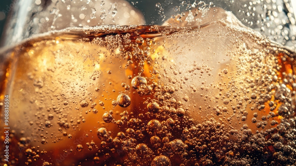 Refreshing cola with ice cubes, bubbles visible, close-up of carbonation Refreshing cola with ice cubes, bubbles visible, close-up of carbonation