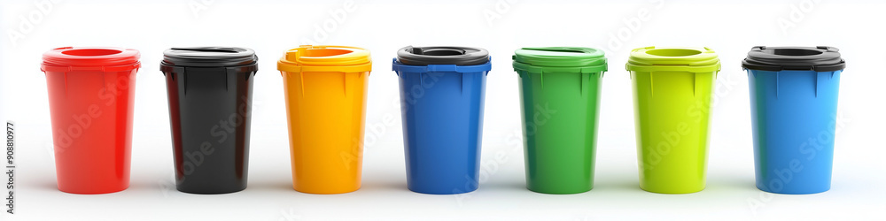 a set of various wastebasket in different colours on white background a set of various wastebasket in different colours on white background