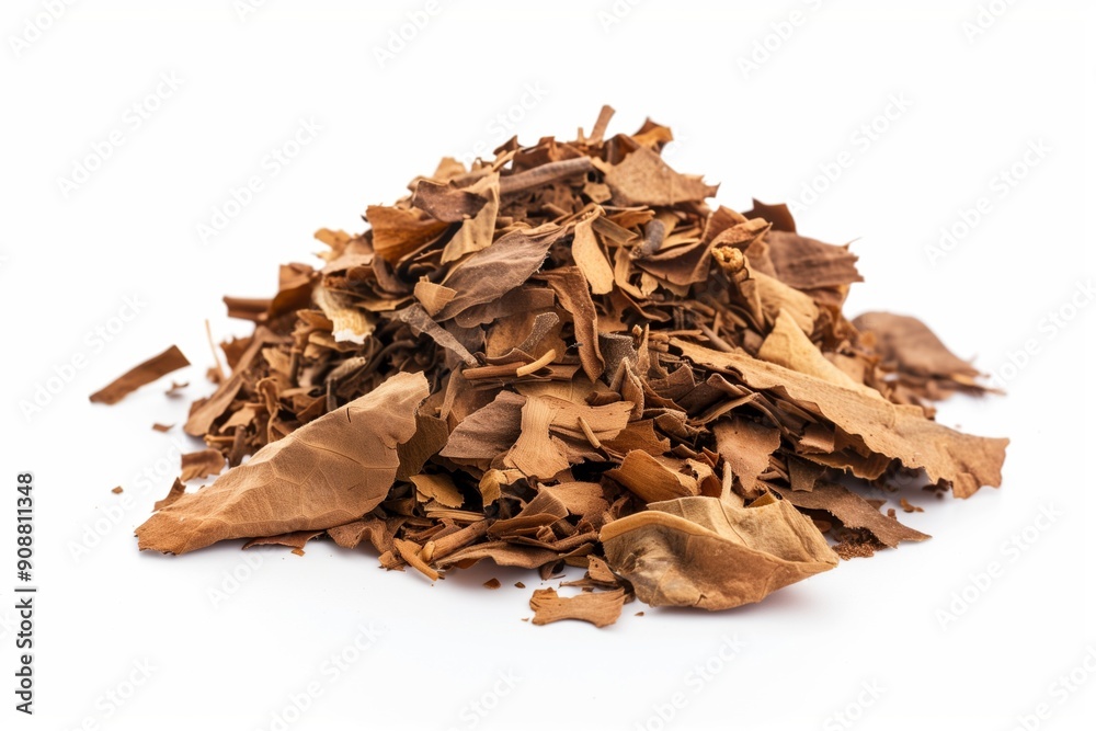 Dried smoking tobacco pile isolated on a white background. Chopped tobacco leaves. Dried smoking tobacco pile isolated on a white background. Chopped tobacco leaves.