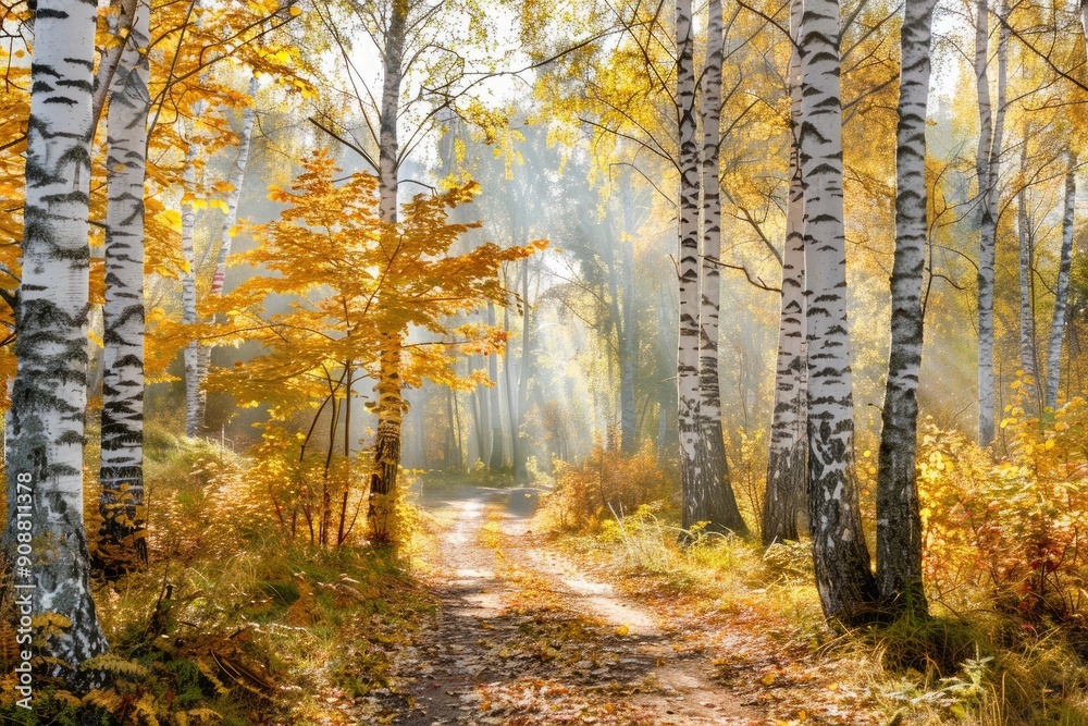 Sunlit autumn forest path with birch trees and golden foliage Sunlit autumn forest path with birch trees and golden foliage