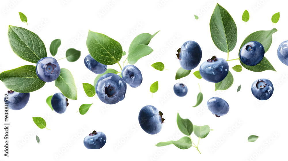 blueberries with green leaves isolated on transparent white background, clipping path