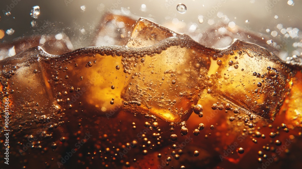 Texture of cola with ice cubes, bubbles rising, refreshing cold drink Texture of cola with ice cubes, bubbles rising, refreshing cold drink