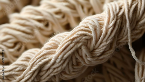 Close-Up Shot of Beige Yarn Twisted and Woven Together Showcasing Texture and Softness of Textile. photo