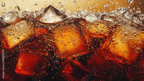 Texture of cola with ice cubes, bubbles rising, refreshing cold drink