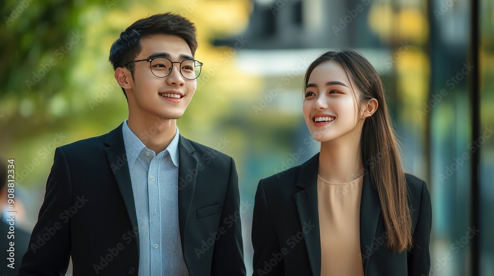 Young Asian professionals in formal business attire, walking together, smiling and successful Young Asian professionals in formal business attire, walking together, smiling and successful