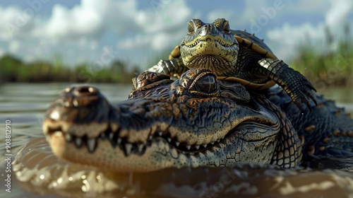 4k hyper realistic photo of a turtle riding on the back of a saltwater crocodile. photo