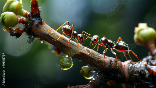 Macro Photo of Ants and Aphids on Tree Branches in Sharp Focus for Nature and Wildlife Photography with Studio Quality Details. photo