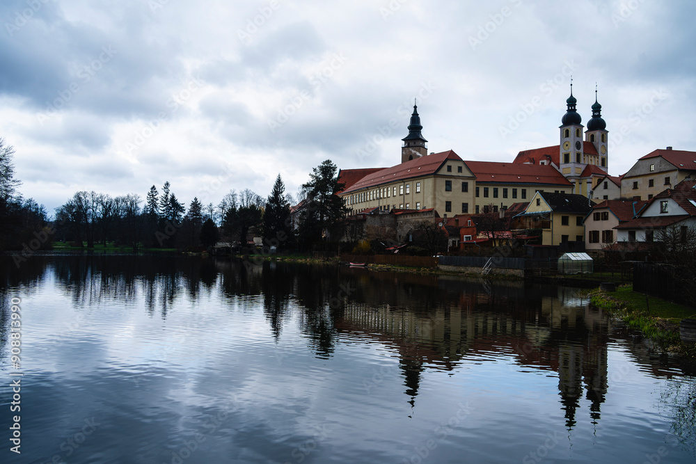 Telc, Czech Republic - April 23 2023 : Historical village in cloudy weather, HDR Image