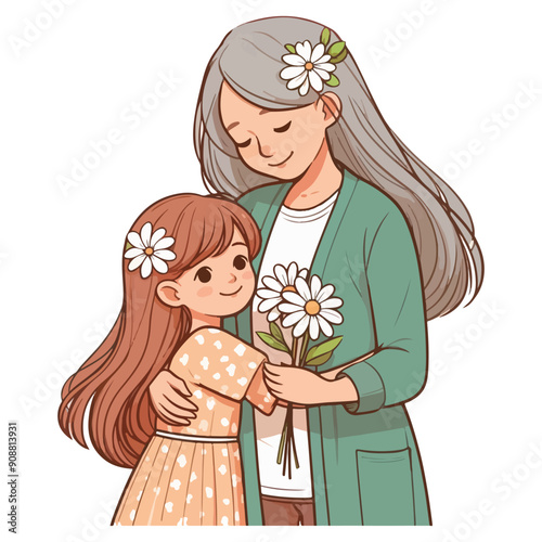 Cute Mother Holding Daughter and Flowers cartoon character vector illustration, Happy Mother's day illustrations