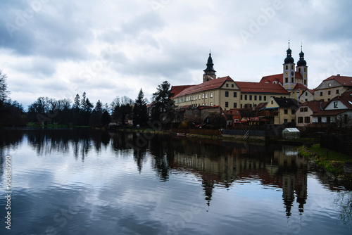 Obraz na płótnie Telc, Czech Republic - April 23 2023 : Historical village in cloudy weather, HDR Image w salonie