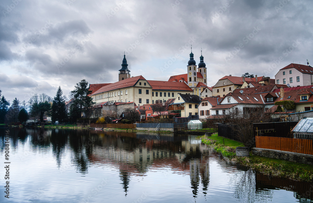 Telc, Czech Republic - April 23 2023 : Historical village in cloudy weather, HDR Image