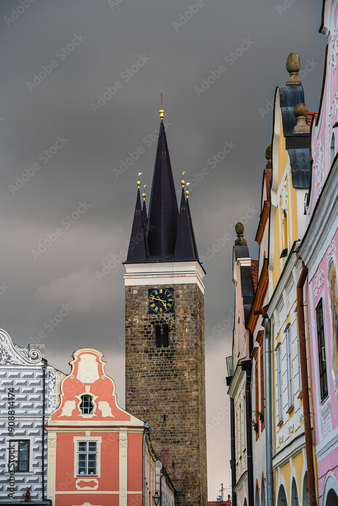 Telc, Czech Republic - April 23 2023 : Historical village in cloudy weather, HDR Image