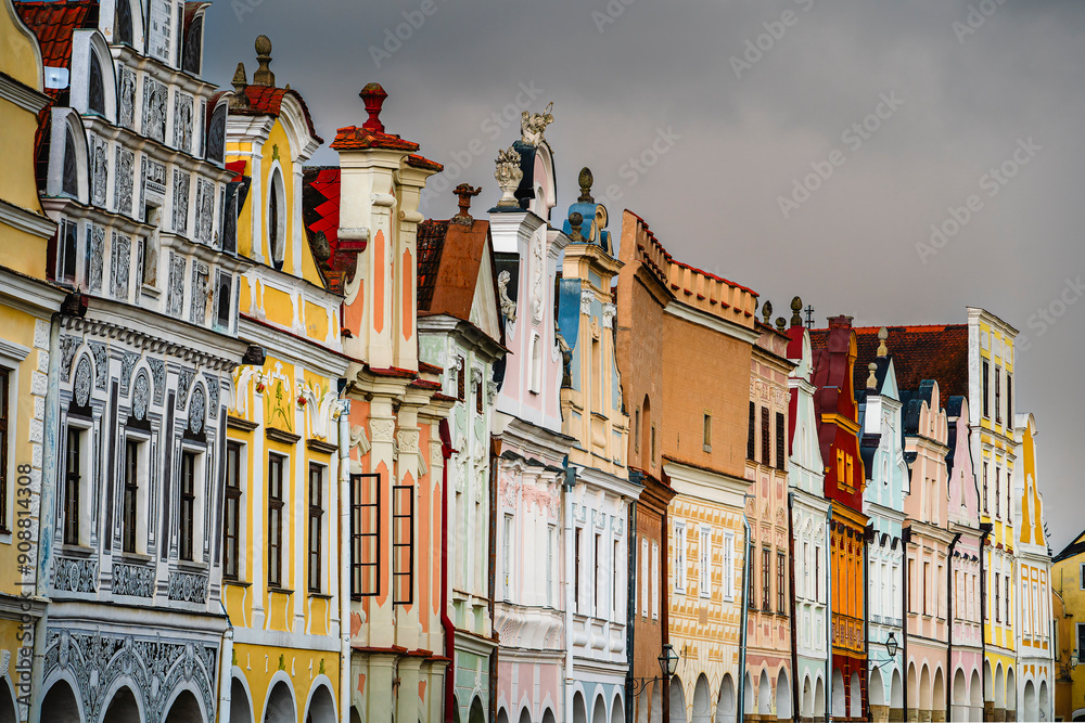 Telc, Czech Republic - April 23 2023 : Historical village in cloudy weather, HDR Image