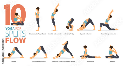 10 Yoga poses or asana posture for workout in splits flow concept. Women exercising for body stretching. Fitness infographic. Flat cartoon vector.
