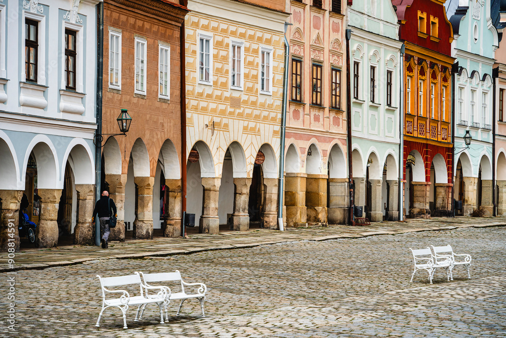Telc, Czech Republic - April 23 2023 : Historical village in cloudy weather, HDR Image