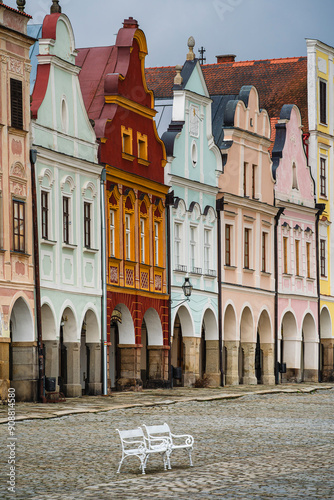 Telc, Czech Republic - April 23 2023 : Historical village in cloudy weather, HDR Image