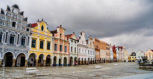 Obraz na płótnie Telc, Czech Republic - April 23 2023 : Historical village in cloudy weather, HDR Image w salonie