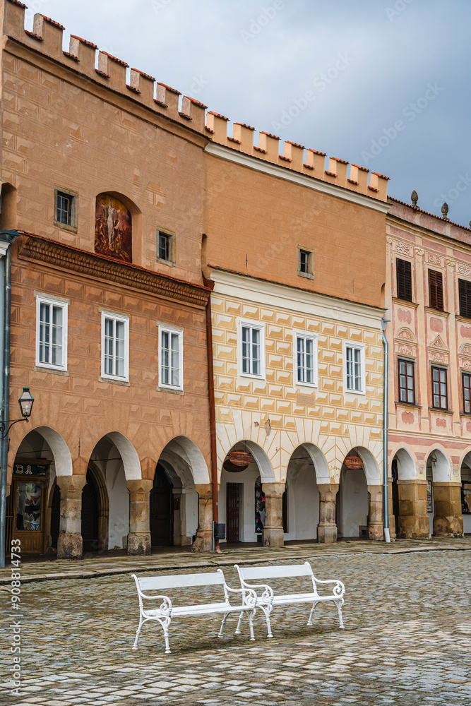 Telc, Czech Republic - April 23 2023 : Historical village in cloudy weather, HDR Image