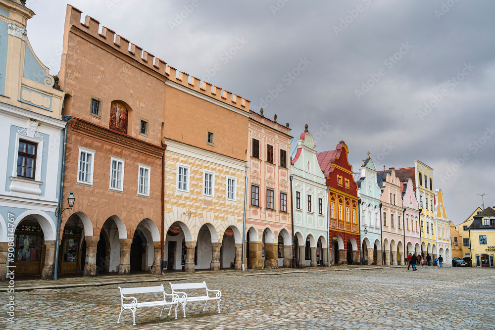 Telc, Czech Republic - April 23 2023 : Historical village in cloudy weather, HDR Image