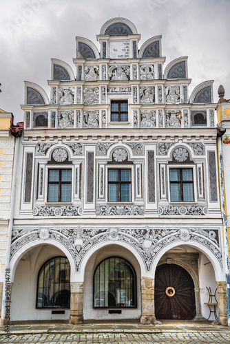 Obraz na płótnie Telc, Czech Republic - April 23 2023 : Historical village in cloudy weather, HDR Image w salonie
