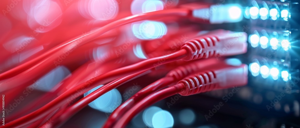 Close-up of vibrant red network cables connected to a server, highlighting technology and digital connectivity. Close-up of vibrant red network cables connected to a server, highlighting technology and digital connectivity.