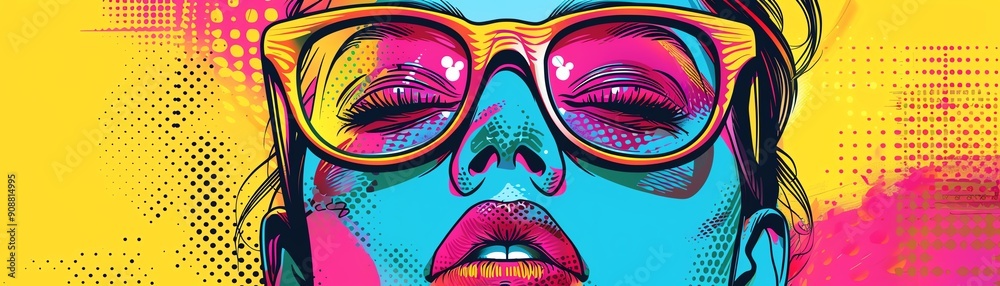 Naklejka premium Close-up portrait of a woman wearing sunglasses with a colorful background.