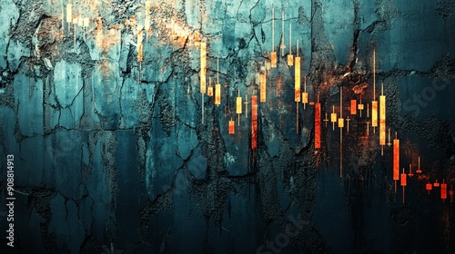 赤く光る下落する株式相場チャートグラフと石の壁とコピースペース