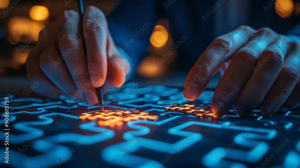 Naklejka premium Human Resources Hiring Employee techniques Candidate solving a digital puzzle during an interview, gamification in hiring