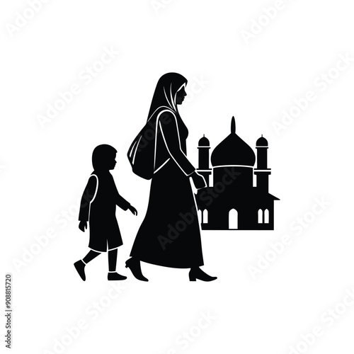 muslim mother and child go to school silhouette