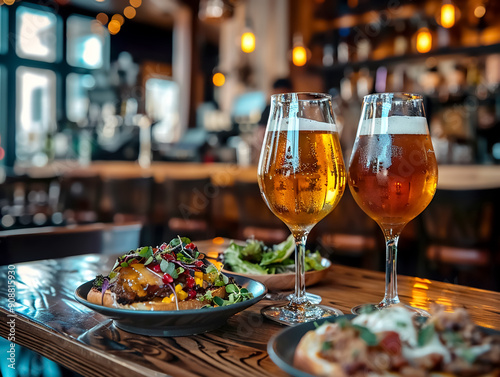 Two glasses of craft beer with assorted gourmet dishes on a wooden table in a cozy pub setting with warm lighting