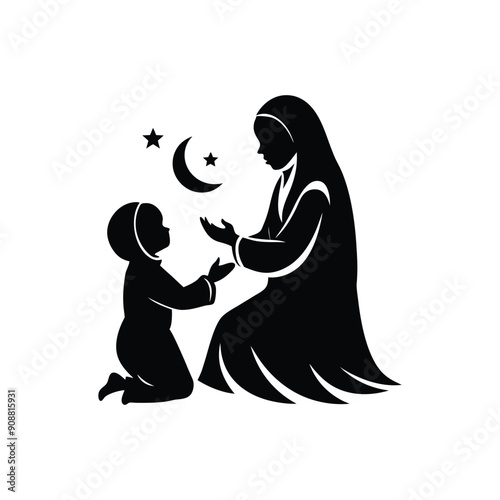 muslim mother and child playing silhouette
