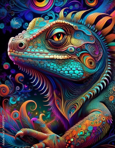 Psychadelic theme Lizard. Spirit Animal guide illustration