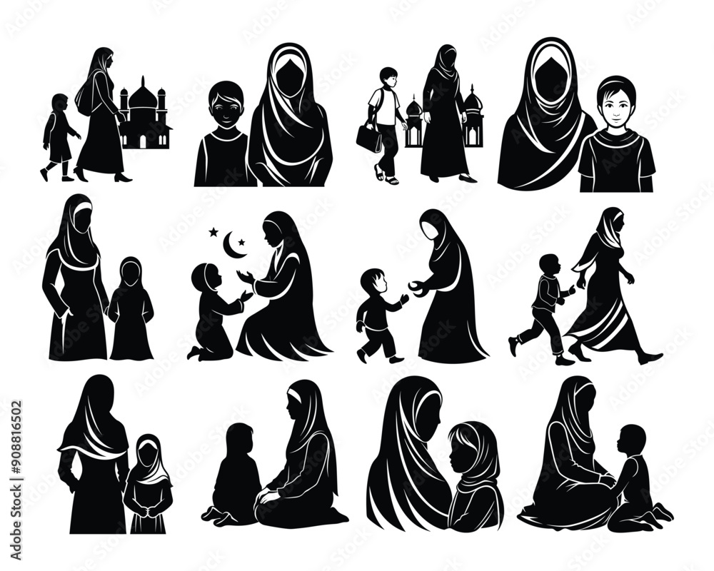 Muslim Mother and child Silhouette set Muslim Mother and child Silhouette set