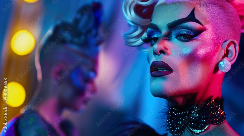 Drag queen person wearing heavy extravagant makeup