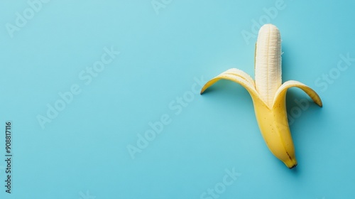 Partially peeled yellow banana on a blue background.