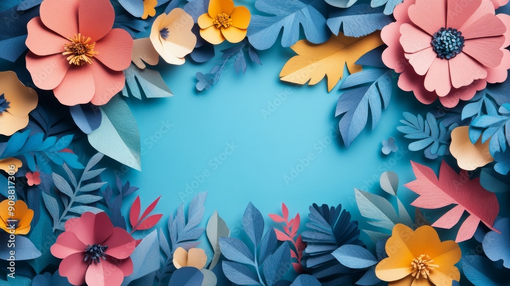 Paper Flowers and Leaves Frame on Blue Background Paper Flowers and Leaves Frame on Blue Background