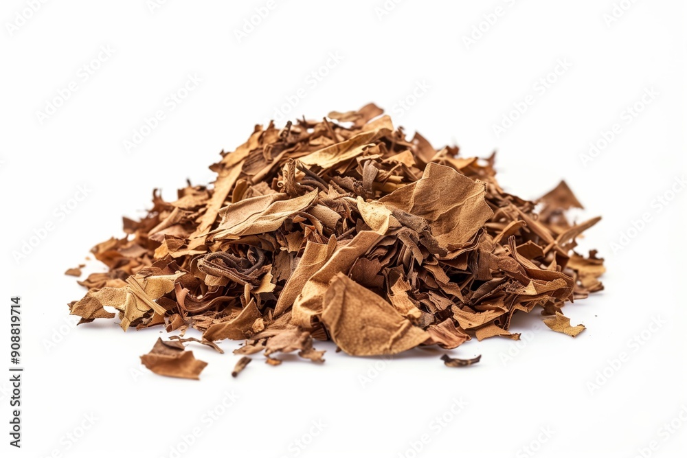 Dried smoking tobacco pile isolated on a white background. Chopped tobacco leaves. Dried smoking tobacco pile isolated on a white background. Chopped tobacco leaves.