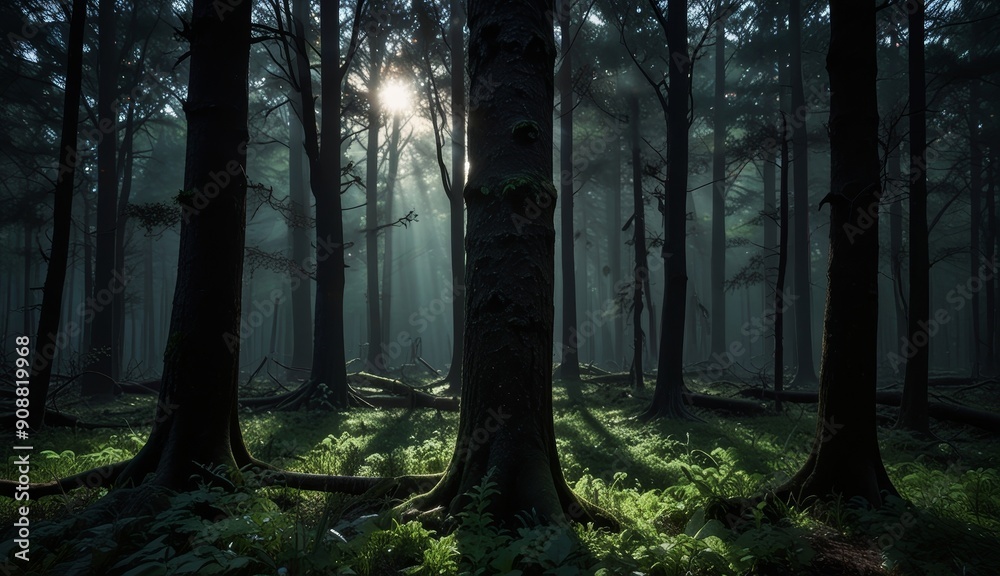 Naklejka premium Mysterious Forest with Sunlight