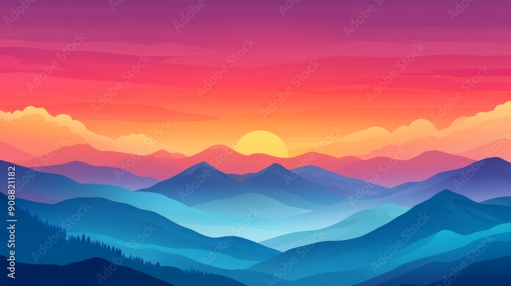 A Vibrant Sunset Over a Mountain Range with a Silhouetted Forest A Vibrant Sunset Over a Mountain Range with a Silhouetted Forest