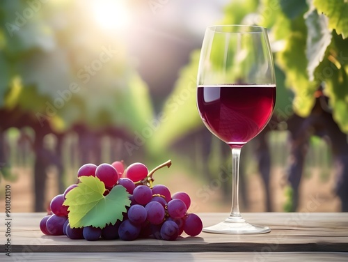 Red Wine with Grapes on Rustic Wood Vineyard photo