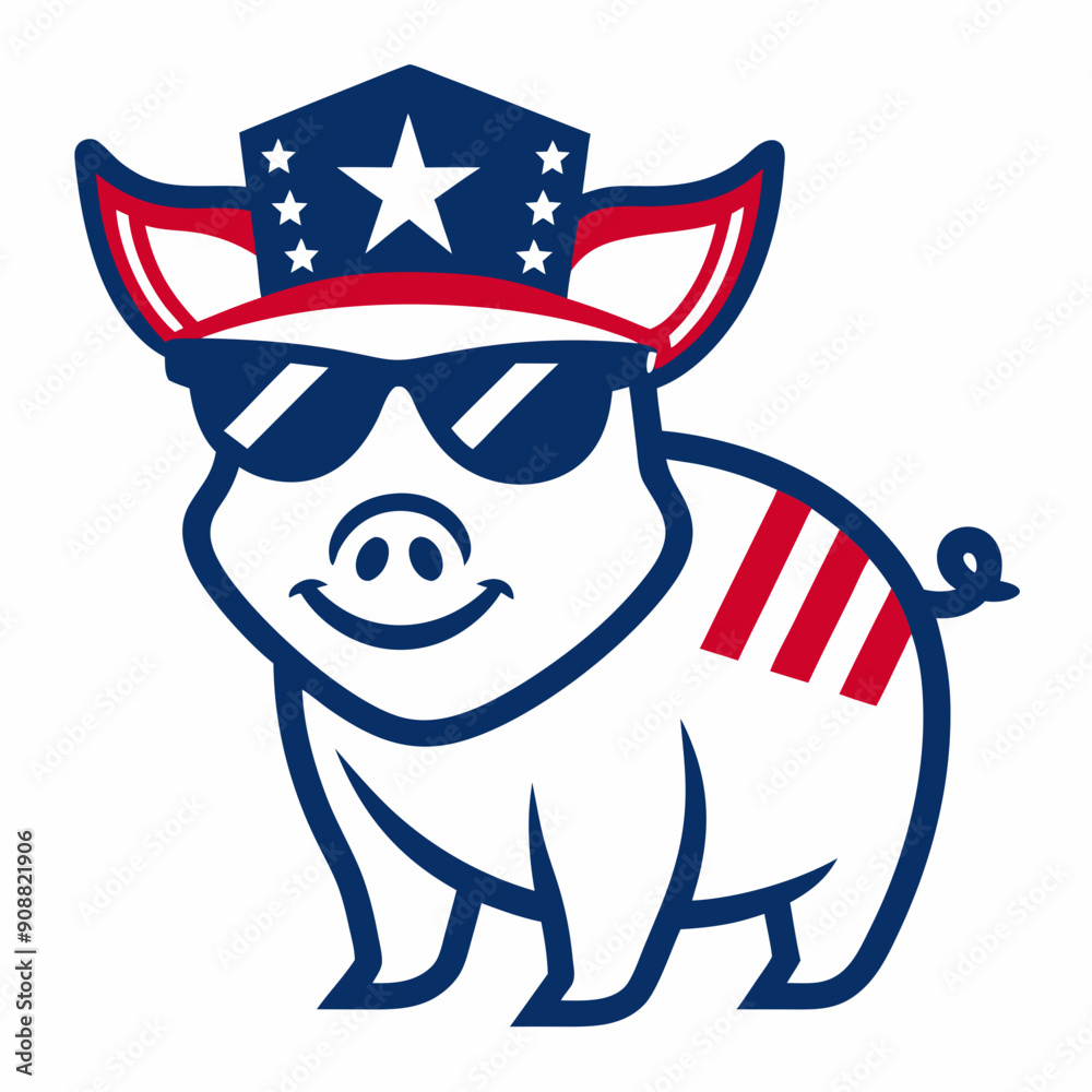 Obraz premium Patriotic American Pig Vector Line Art in USA Hat and Sunglasses on White Background